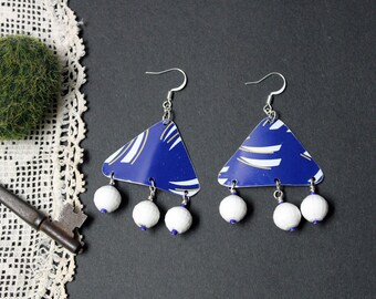 Blue Swish Tin Earrings - upcycled tin, salvaged white beads, cute handmade jewelry, bright cobalt