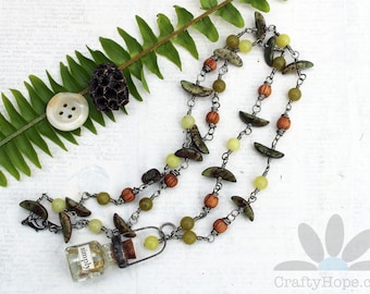 Simply Necklace - nature inspired, soldered jar, resin, leaves, wood beads, stone beads, nut beads, green, brown, beaded chain, unique, OOAK