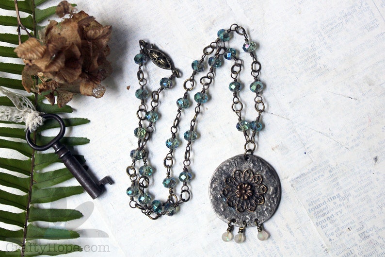 Filigree Sparkle Necklace soldered filigree pendant, grungy resin opals, sparkly glass beads, antiques brass, handmade jewelry image 9