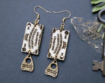 Double Ouija Earrings - laser cut Baltic birch wood, spirit boards, planchette, spooky season jewelry