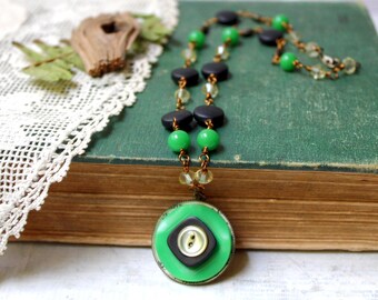 Stacked Buttons Necklace - green, yellow, black, brass, beaded chain, handmade jewelry