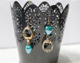 Watch Your Heart Earrings - vintage watch parts, ceramic beads, teal, handmade jewelry, mismatched