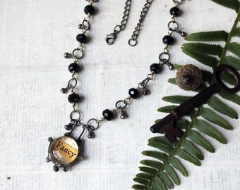 Fancy Soldered Necklace - found word, bubble charm, soft solder, black beads, gunmetal, antiqued silver, OOAK handmade necklace