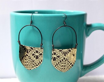 Golden Lace Tin Earrings - black, lightweight, wire loop, shield, handmade, upcycled, jewelry