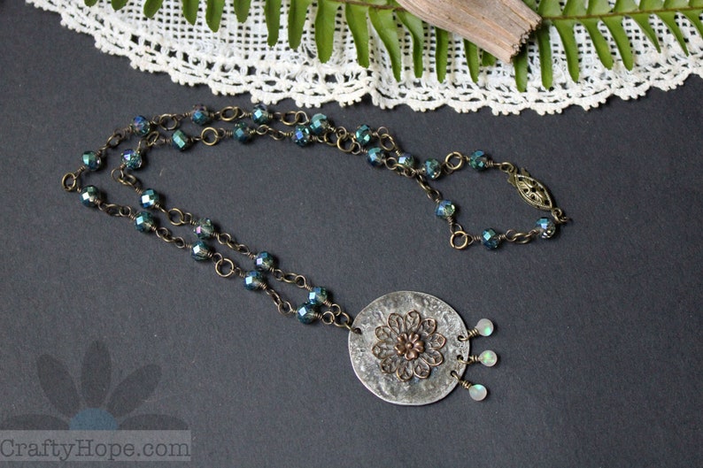 Filigree Sparkle Necklace soldered filigree pendant, grungy resin opals, sparkly glass beads, antiques brass, handmade jewelry image 2