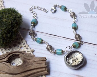 Simple Hope Bracelet - soldered charm, word bubble, czech glass beads, sky blue, silver, beaded chain, extender chain