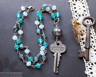 Key to Dreams Necklace - glass beads, beaded chain, sparkle, teal, moonstone, iridescent, opalescent, reproduction key, graduate, dreamer