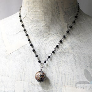 Simple Lampwork Necklace Handmade glass bead, neutral colors, rosary chain, black glass pearls antiqued silver chain, toggle clasp, simple image 10