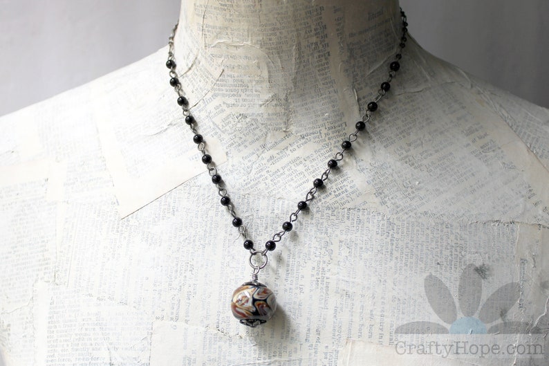 Simple Lampwork Necklace Handmade glass bead, neutral colors, rosary chain, black glass pearls antiqued silver chain, toggle clasp, simple image 10