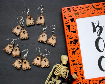 Wood Ghost Earrings - Laser cut, plywood, lightweight, cute sheet ghosts, spooky season, Halloween  jewelry, seasonal
