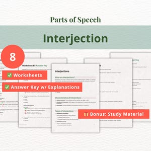 Könnte beinhalten: Lehrmaterialien zum Thema Interjektionen, ein Teil der Sprache. Das Bild zeigt Arbeitsblätter, Lösungsschlüssel mit Erklärungen und Lernmaterialien. Die Zahl 8 befindet sich in einem roten Kreis. Text enthält "Worksheets", "Answer Key w/ Explanations" und "Bonus: Study Material".