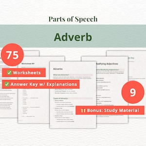 Könnte beinhalten: Lehrmaterialien zum Thema Adverbien. Das Bild zeigt Arbeitsblätter, einen Lösungsschlüssel und Lernmaterialien. Der Text enthält "Wortarten" und "Adverb". Es gibt 75 Arbeitsblätter und 9 Lernmaterialien.
