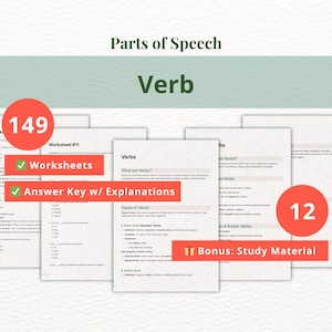 May include: Educational materials for learning about verbs. The image shows worksheets, answer keys, and study materials. The text includes "Parts of Speech" and "Verb". There are 149 worksheets and 12 study materials.