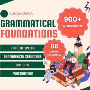 Könnte beinhalten: Grafik für grammatikalische Grundlagen. Das Bild zeigt den Text "LUNAHARAYA GRAMMATICAL FOUNDATIONS" mit den Untertiteln "WORTARTEN", "GRAMMATIKALISCHE KATEGORIEN", "ARTIKEL" und "PUNKTUATIONEN". Es enthält auch "900+ ARBEITSBLÄTTER" und "88 STUDIENMATERIALIEN".