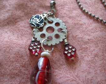 Red Timepiece - Red GLASS and Silver Gear with Silver Floral Charms- LIGHT or FAN pull