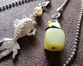 2 Pull Chords - ZeN KOI Fish with Pearl and ZeN Stacked Semi-precious stones - Two Fan Pull Set  - LIGHT or Fan pull