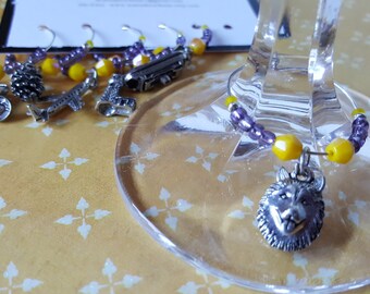 HuSKY Purple and Gold STATE Set - PNW Seattle ToP SeLLer - University of WA - Set of 6 Charms - Wine Charm Set