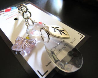 Charm de cristal para bolso, charm de cristal transparente para cartera, accesorio para bolso con forma de mariposa y hoja, tirador de cremallera, regalo para ella, charm para bolso estilo boho.