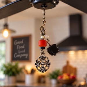 Tirador de ventilador de techo estilo granja, tirador de luz con cuentas rojas y negras, cadena de ventilador de cocina rústica