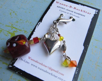 Silver Puffy HEART with AMBER glass Baubles - Zipper Pull or handbag Charm
