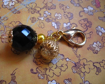 Gold Filigree Balls & Onyx Glass Bauble - Zipper Pull or Handbag Charms