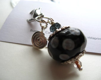 BLACK Shiny Polka-dot Ball with Silver Tag - FANCY Series -  Zipper Pull or Fan Pull or Ornament