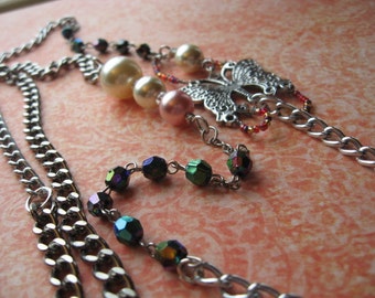 Butterflies and Pearls - Mother's Day perfection - Chain and Butterfly Charm Necklace - Reclaimed pieces