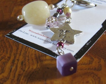 Silver STAR Charm with face - SemiPrecious STONE and baubles - Zipper Pull - Handbag Charm