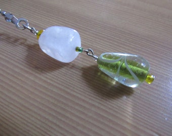 BoLd White Opaque Bauble with dangling GREEN swirled Oval Bead - Summer Statement piece - LIGHT or FaN pull