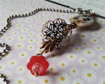 Bronze BEE and red Flowers  - LIGHT Pull or Fan pull or Zipper Pull