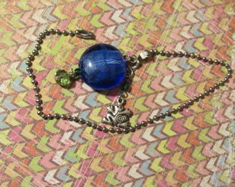 Silver Zen Frog Charm and Bold Blue Baubles with Summer Green Crystals - Garden Theme - LIGHT or Fan pull
