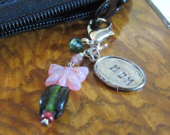 Butterfly and Handstamped MOM silver tag and a sapphire crystal - Zipper Pull - Purse Charm - Repurposed items