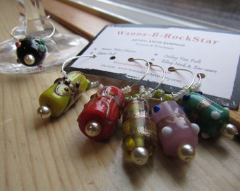 Glass Barrels with METTALIC Stripes and raised polk-a-dots  - Glass pearl endcaps -- Wine CHARM SET - Barware Set