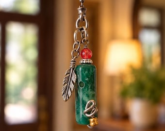 Deckenventilator-Zugkette aus jadefarbenem Stein mit Federanhänger, Boho-Natur-Ventilatorkette