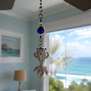 Koi Fish Fan Pull Chain | Silver Tone Nautical Decor, Ocean Themed Ceiling Fan or Lamp Pull | Handmade Fish Charm with Blue & Green Beads