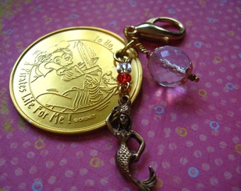 MICKEY Gold Pirate coin - Mickey Mouse with Crystal and hand-poured MERMAID Charm - COLLECTORS Dream - Zipper Pull or Backpack Charm