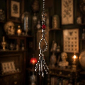 May include: A silver-toned ceiling fan pull chain featuring a metallic skeleton hand pendant suspended from a coiled wire loop and a single faceted red bead. The pull chain consists of small metal spheres connected in a vertical line.