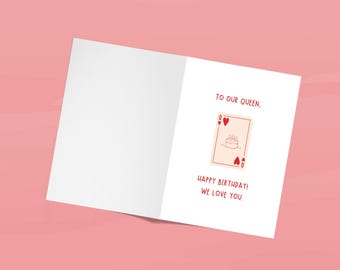 Carte Reine de joyeux anniversaire | Carte de jeu de mots imprimable joyeux anniversaire maman | Carte de voeux d'anniversaire drôle pour maman, meilleure amie, soeur, fille |