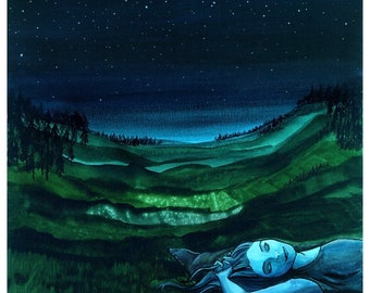 Time To Sleep Under the Stars - 9x12” Print of a Kat Kissick Original - Watercolor - Outside - Stars - Camping - Sleeping Outside