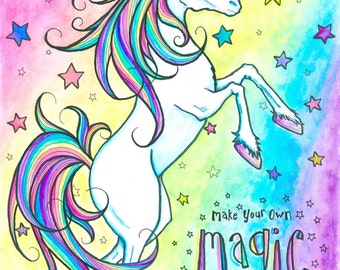 Make Your Own Magic Rainbow Unicorn Illustration 11x 14" Print
