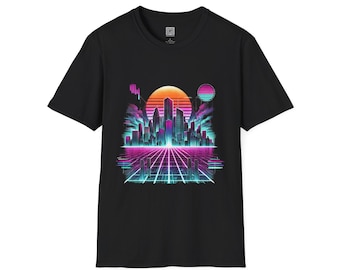 Futuristisch cyberstad-uniseks softstyle-T-shirt, sci-fi graphic T-shirt, urban dystopische top, cyberpunkkleding, shirt Tech City