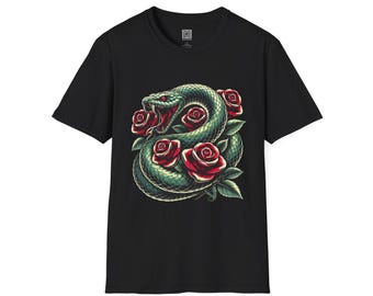 Serpent and Roses T-Shirt, Floral Snake Tee, Unisex Graphic Shirt, Boho Chic Top, Botanical Garden Clothing