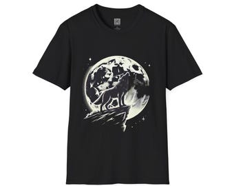 May include: Black t-shirt with a graphic of a wolf howling at the moon. The moon is full and has a white glow. The wolf is black and is silhouetted against the moon.