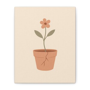 May include: Digital illustration of a flower in a terracotta pot. The flower has a peach-coloured bloom and green leaves. The pot has a crack down the side and is set against a cream-coloured background.