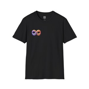 May include: Black t-shirt with a colorful infinity symbol graphic on the front.