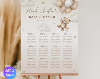 ジェンダーニュートラルなクマのベビーシャワー席次表テンプレート、We Can Barely Wait ベビーシャワー装飾、クマをテーマにしたベビーシャワー、We Can Barely Wait