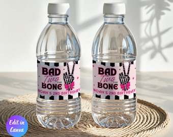 Bad Two the Bone Birthday Water Bottle Label, Bad Two the Bone Birthday Decor,Two Cool 2nd Birthday Girl Party, Pink Bad Bone Canva Template