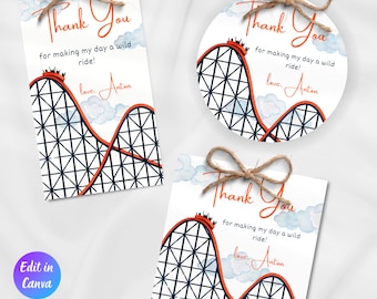 Editable Rollercoaster Theme Park Amusement Birthday Party Favor Tags, Roller Coaster Party Tags, Printable Template, Instant Download