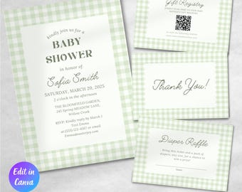Sage Green Gingham Baby Shower Invitation, Editable Classic Gingham Boy Baby Shower Invite, Printable Invitation Template, Digital Download