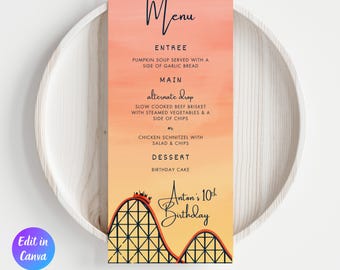 Menù modificabile per festa di compleanno a tema parco divertimenti con montagne russe, menù per festa a tema montagne russe, modello stampabile, download immediato